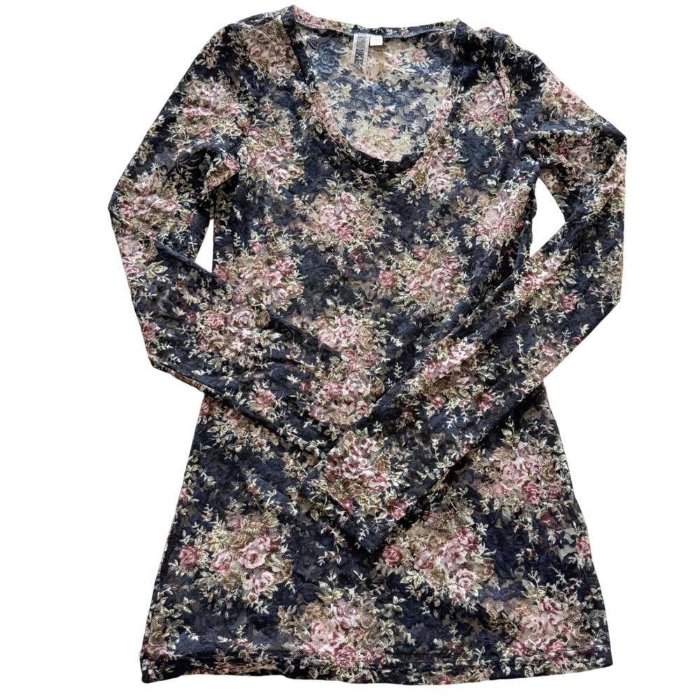 BKE Womens Floral Sheer Lace Long Sleeve Scoop Neck Top Navy Pink‎ Small UO052TB